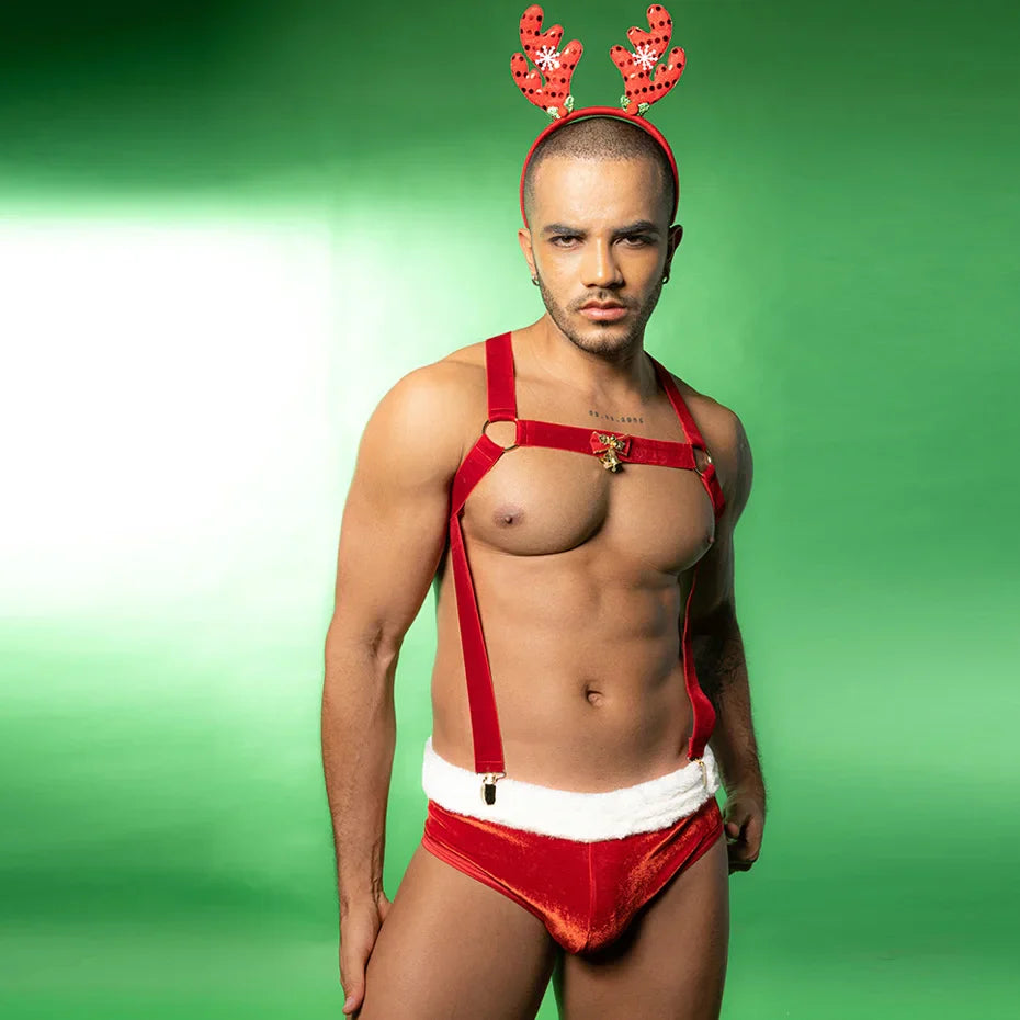 Red Christmas Cosplay Lingerie Set Men Erotic Bodysuit &