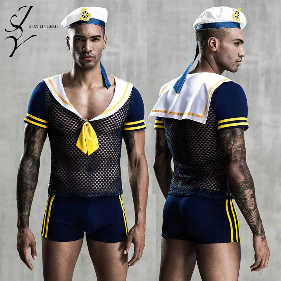 Blue Sailor Cosplay Lingerie Men Erotic Bodysuit