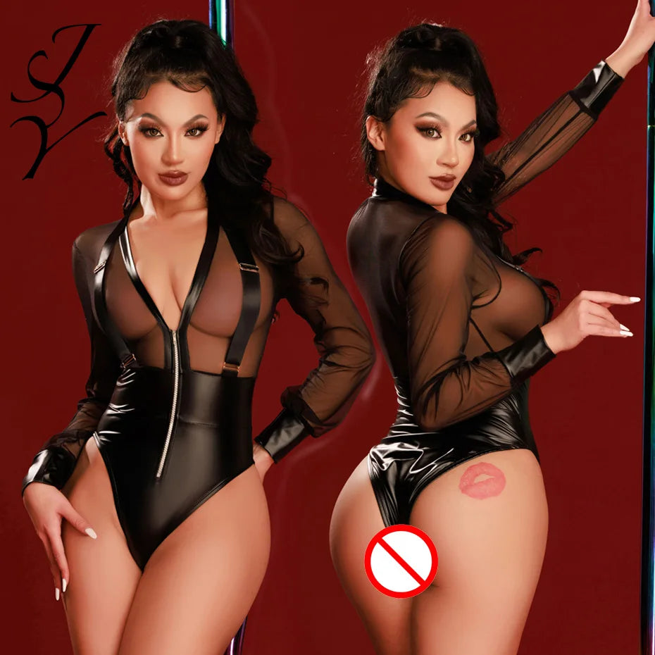 Alluring Black Bodysuit Teddy Nightgown Women Transparent