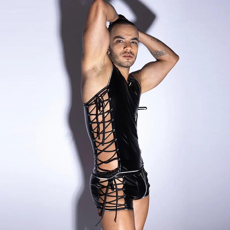 Men Black Leather Bodysuit Set Alluring Lingerie