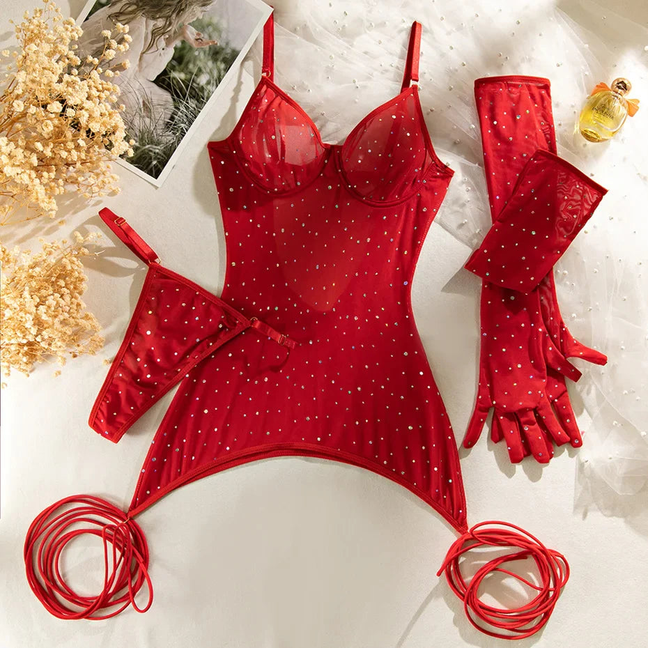 Red Lace Babydoll Nightgown Set With Diamond Gloves