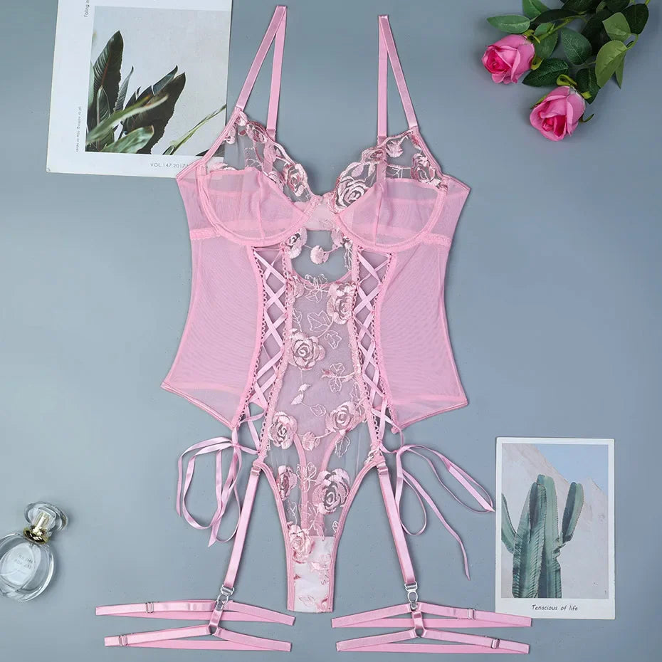 Red Lace Bodysuit Alluring Transparent Lingerie For Women