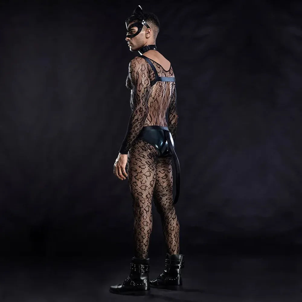 Men Fishnet Bodysuit & Lingerie Set Alluring Cat Cosplay